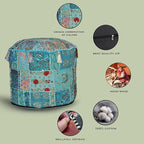 Aakriti Gallery Indian Pouf Footstool Ethnic Embroidered Pouf Cover, Indian Cotton Round Pouffe Ottoman - Cover Only (Turquoise, 22x14)