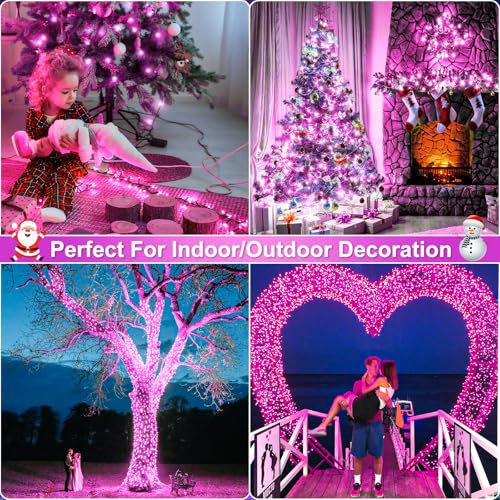 2 Pack Christmas Lights Outdoor, Total 200FT 600LED String Lights for Outside Waterproof with 8 Modes, Green Wire Twinkle Lights for Indoor Room Patio Garden Party Decorations, Pink - color: Pink, size: 200FT 600LED