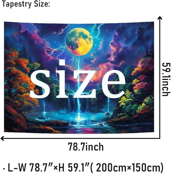Heopapin Blacklight Tapestry Fantasy Moon Lightning Tapestries UV Reactive Tapestry Magic Waterfall Forest Landscape Tapestries Wall Hanging for Bedroom L78×W59