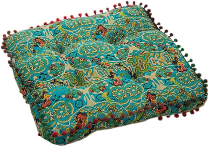 Square Bohemian Floor Pillow, Meditation Floor Seat Cushion, Large Soft Cotton Linen Chair Pad for Yoga Living Room Balcony Outdoor Tatami, 16.5x16.5 Inch (Square Blue)