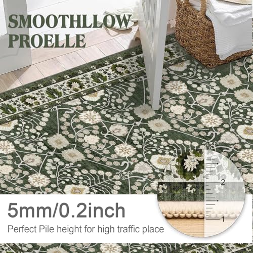 Green Washable Runner Rug 3x8: Soft Thin Kitchen Runners Non Slip Rubber Backing Stain Resistant Carpet for Hallways Indoor Vintage Floor Mat Home Decor for Bedroom Entryway - color: Green, size: 3' x 8' (Rectangular)