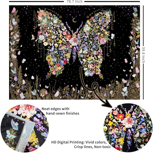 Damanse Butterfly Tapestry Wall Hanging Cute,Boho Wall Tapestry for Bedroom Aesthetic,Flower Living Room Decor for Teen Girls (Black, 59.80" x 78.70") - color: Black, size: 78.7"L x 59.8"W