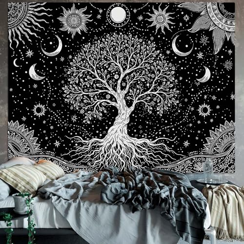 Spenlife Spiritual Tree of Life Tapestry, Black and White Tapestries for Bedroom, Gothic Wall Decor, Celestial Tapestries (60" x 44") - color: Black White, size: 60"L x 44"W