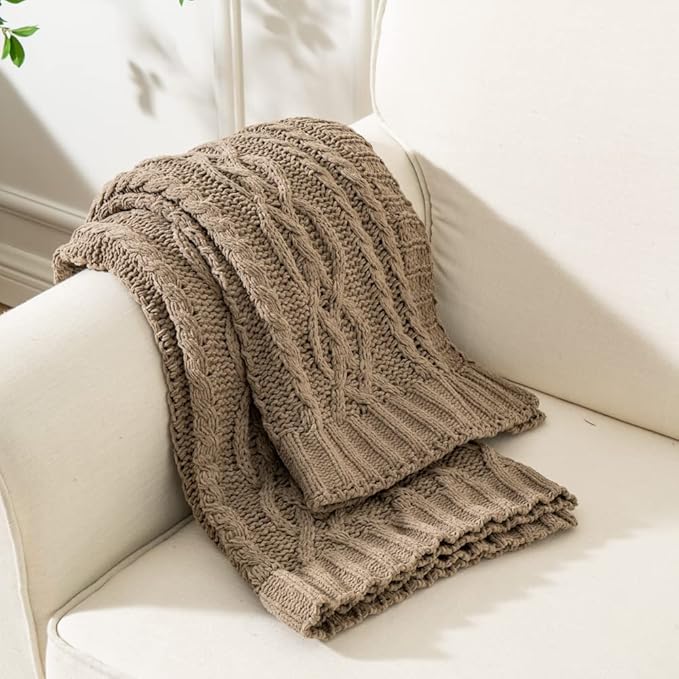 Battilo Camel Tan Throw Blanket for Couch,51"x67", Cable Chenille Knitted Throw Blankets for Bed, Sofa, Chair,Living Room, Soft Cozy Thick Warm Decorative Textured Blanket.
