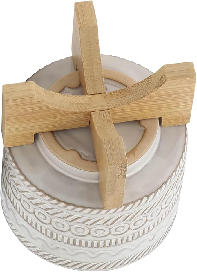 Ceramic Planter with Elevated Stand – Bamboo Indoor Plant Stand, Display for Greenery, Shelf or Patio Placement – Tribal Boho Design for Sculptural Height, Home Decor, Outdoor Decor – 8", Ivory