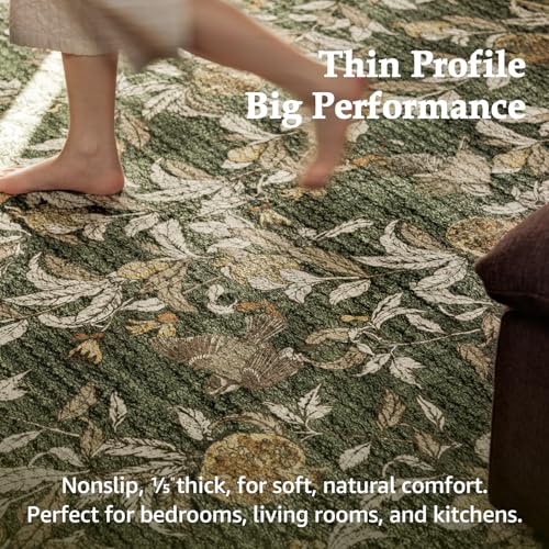 jinchan Eden Floral Washable Runner Rug 2x6 Vintage Hallway Rug Non-Slip Lightweight Soft Thin Kitchen Low Pile Distressed Orange Green Carpet for Bathroom Laundry Room Bedroom Entryway - color: Eden Green, size: 2' x 6' (Runner)