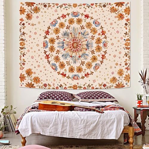 Fowocu Boho Floral Mandala Tapestry Wall Hanging Watercolor Bohemian Flower Medallion Tapestry Aesthetic Beige Orange Hippie Indian Small Tapestries for Bedroom Living Room Dorm Decor 48 x 36 Inch - color: Beige Orange, size: 48"L x 36"W