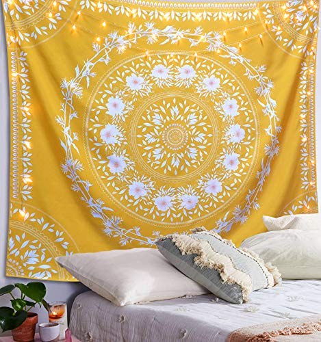 Lifeel Yellow Bohemian Tapestry Wall Hanging, Mandala Floral Medallion Hippie Tapestry with White Aesthetic Wreath Design, Gold Wall Decor Blanket for Bedroom Home Dorm,Small 50×60 inches - color: Yellow, size: 60"L x 50"W