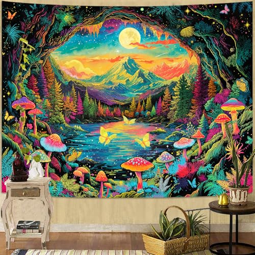 Zussun Blacklight Mushroom Forest Tapestry UV Reactive Nature Mountain Moon Butterfly Tapestry for Bedroom Aesthetic Landscape Samll Tapestries Wall Hanging for Dorm Living Room Decor 48 x 36 Inch - color: Warm Yellow, size: 48"L x 36"W