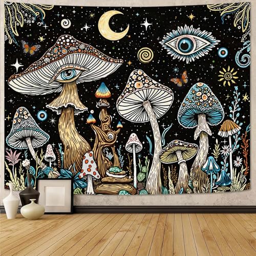 Accnicc Hippie Mushroom Tapestry Abstract Fantasy Plant Wall Tapestry for Bedroom Aesthetic Art Moon Star Eye Butterfly Small Tapestries Wall Hanging for Dorm Living Room Decor 48 × 36 Inch - color: Black Green, size: 48"L x 36"W