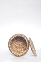 Set of 3 Round Handmade Seagrass Woven Basket with Lid – Handwoven Natural Box Storage for Accessories, Candy, Home Decor, Plant Pot, Vintage Jar Bathroom Kitchen - Elegant Design Bin (Style 4)