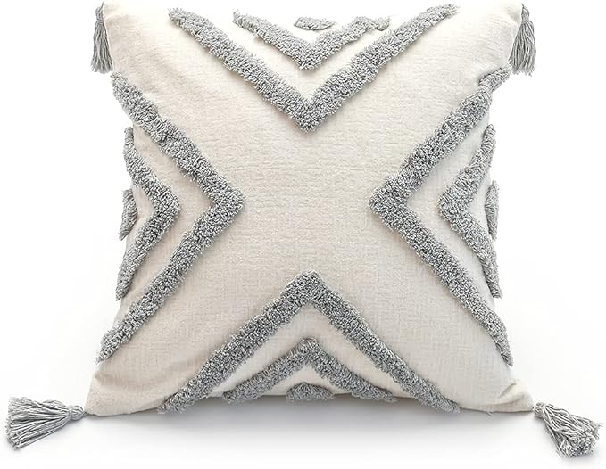 Boho Grey Throw Pillow Cover 18x18 Inch with Tassels, Gray Geometric Tufted Decorative Cream Chenille Fabric Accent Textured Cushion Case for Bed Couch, 1 PC Cover Only No Insert