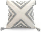 PLWORLD Boho Grey Throw Pillow Cover 20x20 Inch with Tassels, Gray Geometric Tufted Decorative Cream Chenille Fabric Accent Textured Cushion Case for Bed Couch, 1 PC Cover Only No Insert
