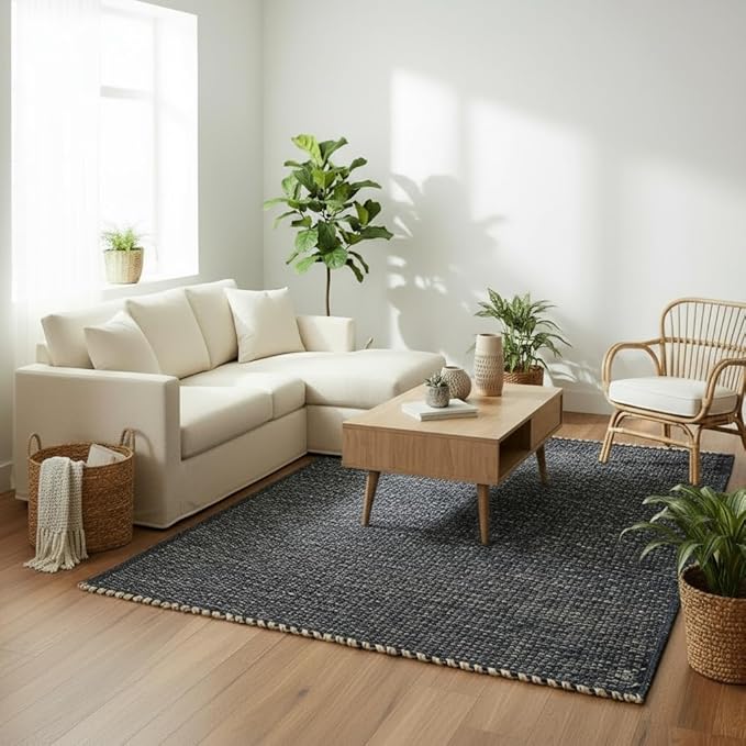 Navy 6x9 Jute Rug Braided Construction - Farmhouse Woven Carpet - Nautical Floor Covering for Bedroom Living Room, 6' x 9'