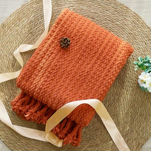 Striped Knit Throw Blanket with Braided Tassels 50" x 60", Hand Knitted Soft Chunky Chain Design Boho Farmhouse Blanket, Solid Color Tassel Decor Throw for Couch Bed Sofa Outdoor, Burnt Orange - color: Burnt Orange