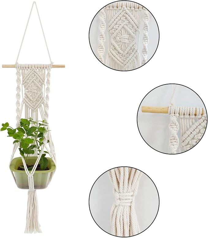 Boho Macrame Plant Hangers Set of 2 - Hanging Planter with Patterns, Handmade Cotton Rope Hanging Baskets for Indoor Outdoor Plants, Bohemian Home Wall Decor Art