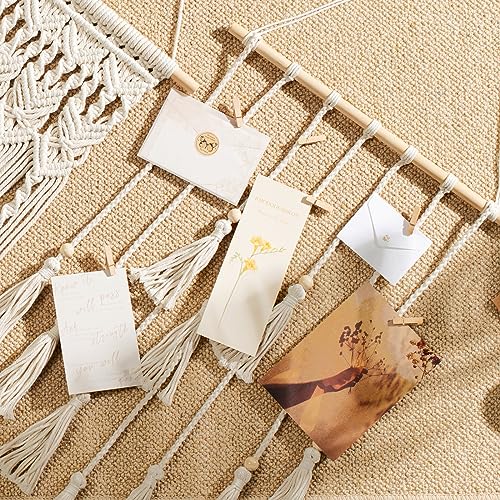 Mkono Hanging Photo Display Boho Macrame Wall Decor with Light, Teen Girl Teenage Gifts, Pictures Cards Frame Holder Art Hanger for Christmas Birthday Party Bedroom Dorm, with 30 Wood Clips, Ivory - color: Ivory