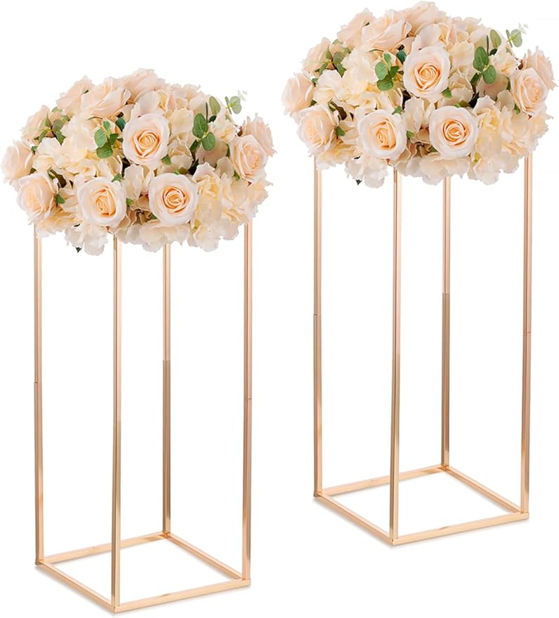Gold Stand Wedding Centerpieces for Tables - 23.6in Tall Vases for Centerpieces, 2 Pcs Metal Column Flower Stand, Rectangular Flower Display Rack, Wedding Decorations for Tables, Party, Events, Home