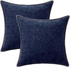 MIULEE Pack of 2 Couch Throw Pillow Covers 18x18 Inch Navy Blue Farmhouse Decorative Pillow Covers with Stitched Edge Soft Chenille Solid Dyed Spring Pillow Covers for Sofa Bed Living Room
