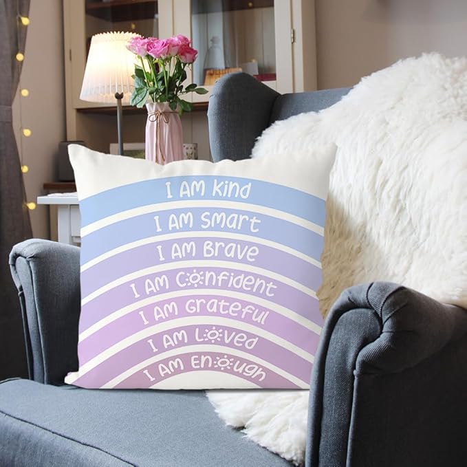 QIYUHOY Rainbow Classroom Throw Pillow Covers, Book Center Calming Corner Playroom Decor Pillow Case, Purple Pillow Cover, I Am Kind Smart Brave Confidence 18x18 Inch Pillowcase（Royal Purple）