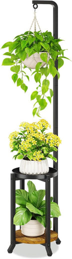 KMOTASUO Black 2 Tier 61.5 Inch Plant Stand Indoor with Hanging Ring, Tall Large Heavy Duty Metal Vertical Rack for Multiple Planter, Sturdy Rustic Corner Flower Shelf Holder Organizer for House Patio