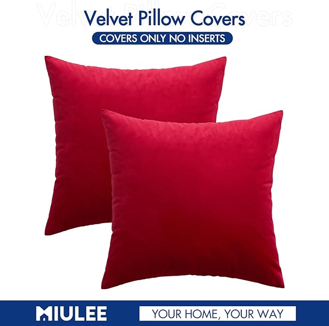 MIULEE 24x24 Inch Euro Sham Velvet Pillow Covers, Set of 2 Large Square Decorative Pillows -Red Super Soft for King Bed, Sofa, Couch, Accent Chairs