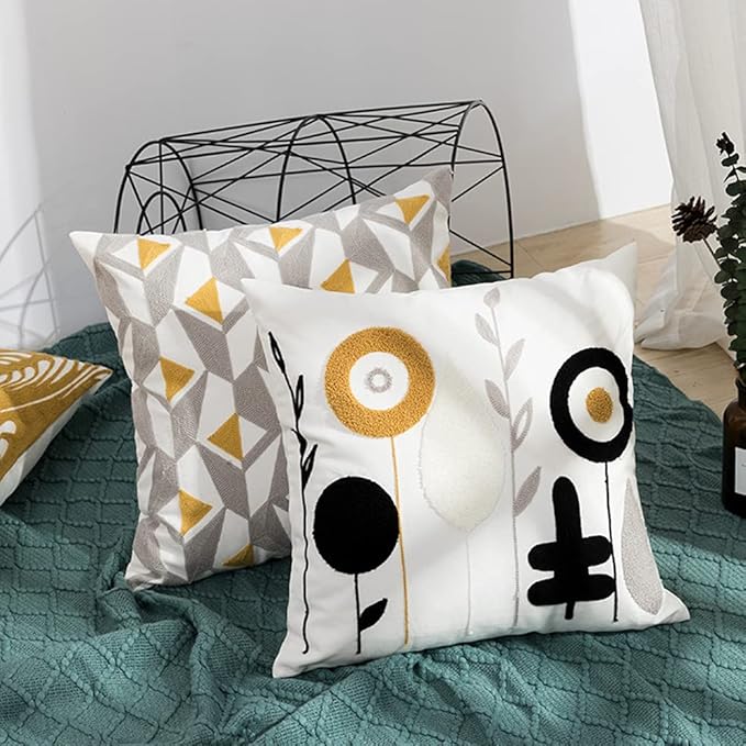 vctops Embroidery Cotton Decorative Throw Pillow Cover Boho Geometric Pattern Cushion Cover for Couch Sofa Bed (Grey Yellow,18"x18")