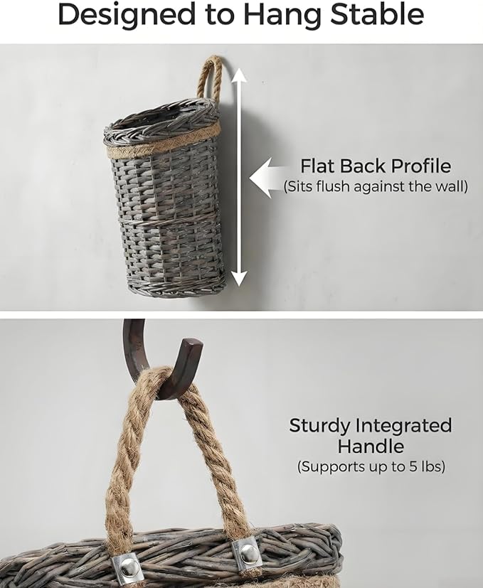 AceList 2-Pack Woven Wicker Wall Hanging Baskets, Grey Willow Wall Pocket Decor for Faux Florals & Storage - Two sizes Nesting Farmhouse Baskets for Entryway, Living Room & Door