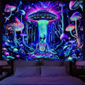 Amonercvita Blacklight Alien UFO Tapestry Neon Mushroom Floral Tapestries UV Reactive Yoga Meditation Tapestry Fantasy Forest Tapestries Wall Hanging Backdrop for Home Decor - size: 59.1"L x 78.7"W