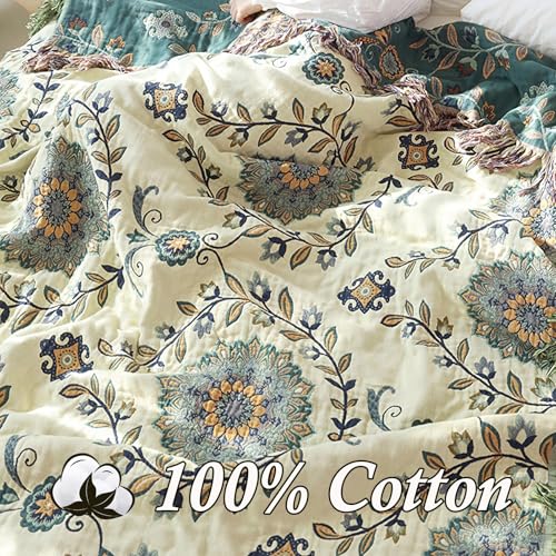 Snycler Boho Throw Blanket for Bed - 100% Cotton Ultra Soft Rustic Quilt - Blue Green Floral Printed Farmhouse Decor Bed Blankets, 80"×90" All Season Rustic Throw for Sofa Couch Chair - color: Blue Green Floral, size: 80"x90"