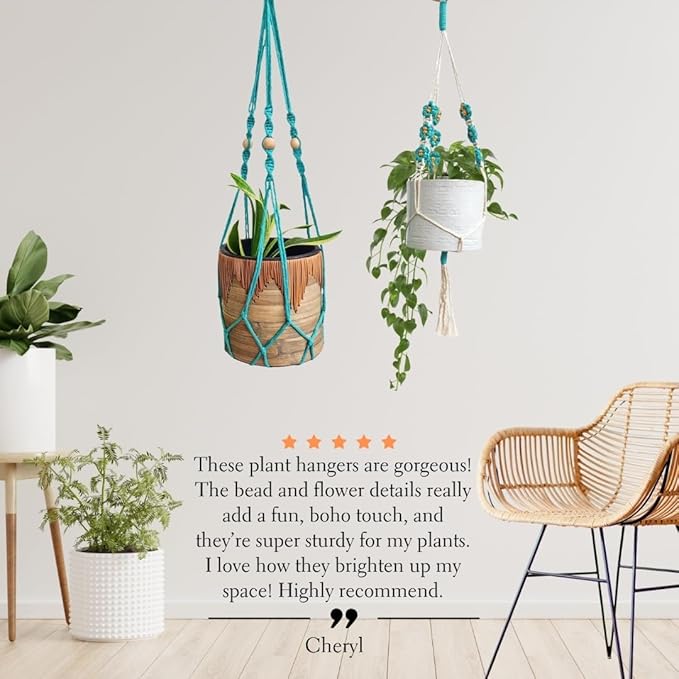 Set of 2 Macrame plant hanger with Daisies & Beads | Hanging plant holder Macrame Plant hangers outdoor and indoor hanging planters Plant stand indoor Boho Decor hanging planter stand (Ocean Teal)