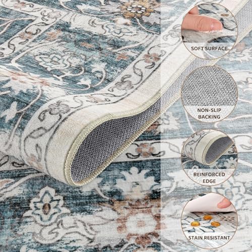 Washable 5x7 Area Rug for Living Room - Ultra Soft Vintage Carpet with Non-Slip Backing, Stain Resistant Low-Pile Indoor Rug for Bedroom & Home Office, Kid & Pet Friendly - Blue - color: Dark Blue, size: 5' x 7' (Rectangular)