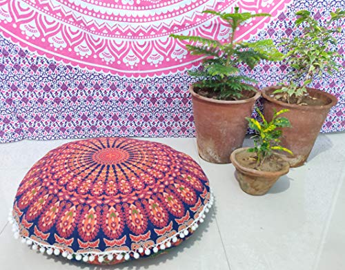 ICC 24" Orange Peacock Mandala Barmeri Large Floor Pillow Cover Cushion Meditation Seating Ottoman Throw Cover Hippie Decorative Zipped Bohemian Pouf Ottoman Pom Pom Cases 24" Round - color: Orange, style: 24 Inch Round