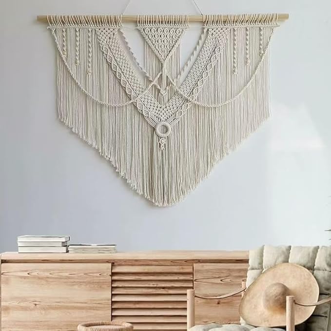 oiikain Large Handmade Boho Macrame Wall Hanging Tapestry - Chic Bohemian Woven Home Decor art for Living Room, Bedroom, and Wedding Parties (Beige, Large Sigle Triangle)