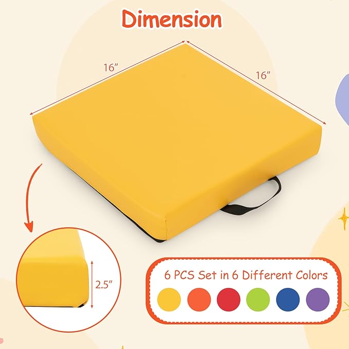Costzon 6-Piece 16 inch Kids Floor Cushion, 2.5" Thick Waterproof Daycare Preschool Square Foam Cushion with Handle for Toddlers, Soft Flexible Seating for Classroom, Home, Kindergarten or Nursery