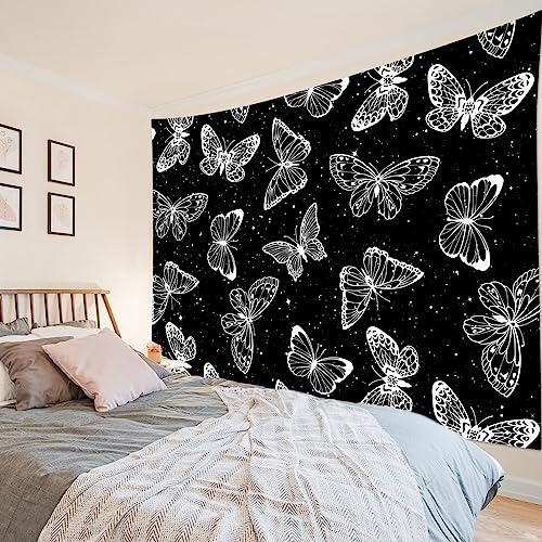 HVEST Butterfly on Galaxy Space Tapestry for Bedroom, Black and White Starry Sky Wall Hanging for Living Room Dorm Party Decor, 36L X 48W Inches - color: Black, size: 36"L x 48"W