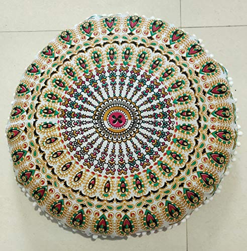 INDIAN CRAFT CASTLE 24" Musturd Peacock Mandala Barmeri Large Floor Pillow Cover Cushion Meditation Seating Ottoman Throw Cover Hippie Decorative Zipped Bohemian Pouf Ottoman Pom Pom Cases 24" Round - color: Musturd, style: 24 Inch Round