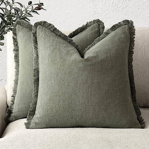 Foindtower Set of 2 Decorative Linen Fringe Throw Pillow Covers Cozy Boho Farmhouse Cushion Cover with Tassels Soft Accent Pillowcase for Couch Sofa Bed Living Room Home Decor, 16×16 Inch, Olive Green - color: Olive Green, size: 16" x 16" (Pack of 2)