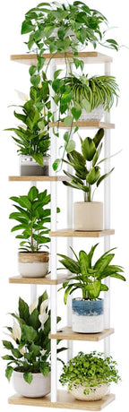 Bamworld Tall Plant Stand Indoor, 7 Tier Plant Shelf for Multiple Plants, Tiered Flower Pot Stands for Patio Garden Balcony Living Room Bedroom, White