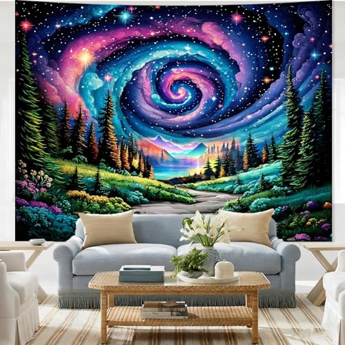 Apdidl Space Galaxy Forest Tapestry for Bedroom, Green Nature Landscape Colorful Night Starry Sky Stars Wall Tapestry, Mysterious Nebula Mountain Wall Hanging Backdrop Decor for Living Room 60" X 79" - color: Forest Galaxy Tapestry, size: 79"L x 60"W