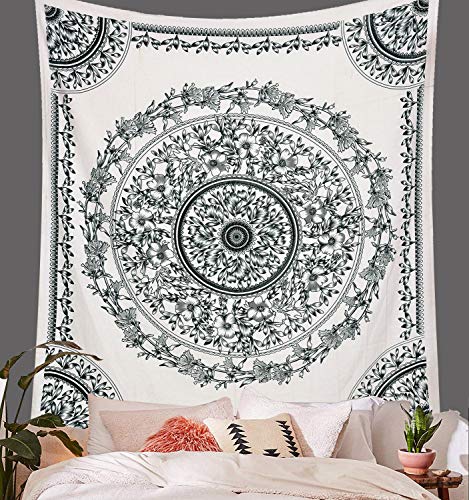ANJANIYA Floral Mandala Wall Hanging Indian Tapestry for Dorm, Hippy & Bohemian Decor (Grey White, 54"X60") - color: Grey White, size: 60"L x 54"W