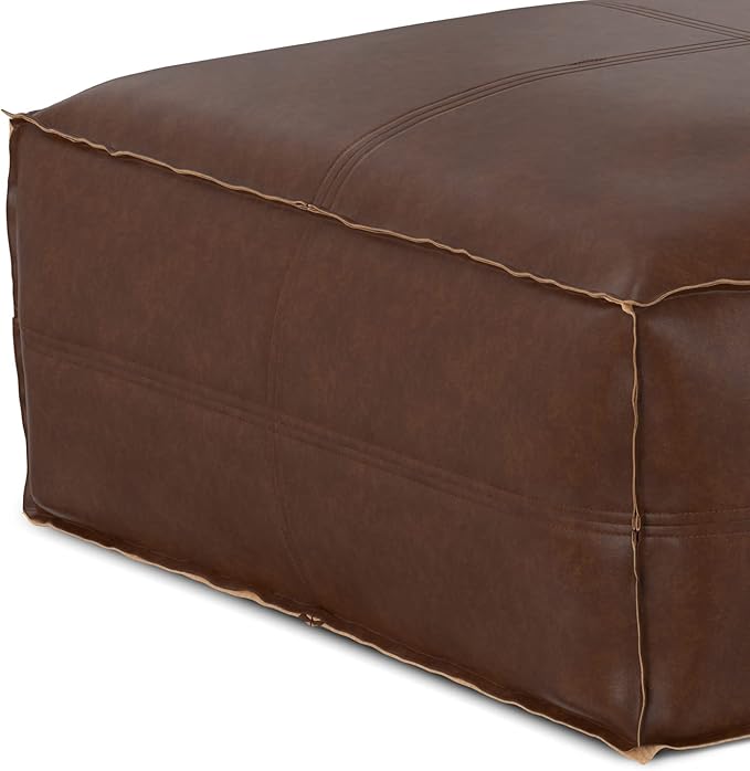 SIMPLIHOME Brody Large Square Coffee Table Pouf - 30 inch Wide Upholstered Vegan Leather Ottoman in Distressed Dark Brown, Boho Footstool, Coffee Table or Extra Seating for Living Room, Assembled