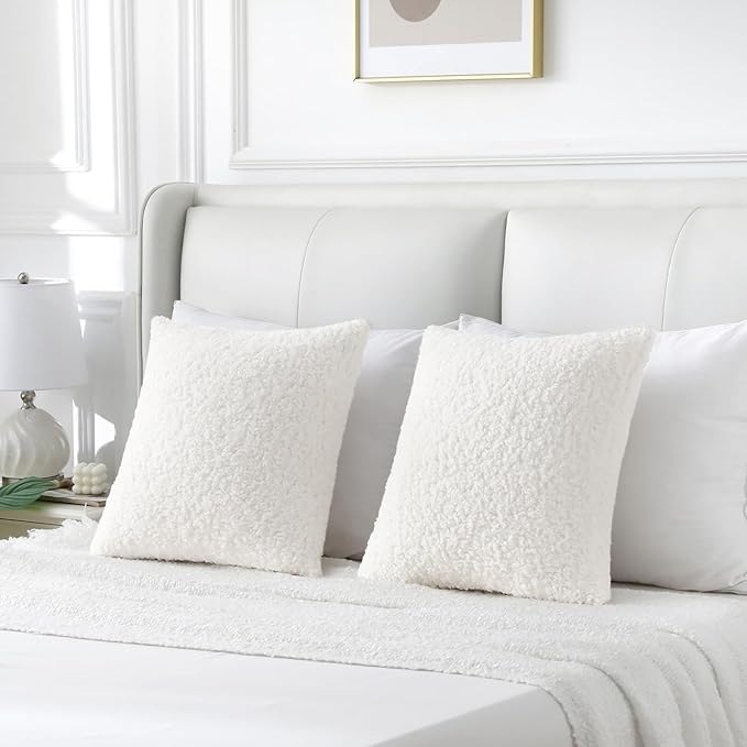 FUTEI Cream White Throw Pillow Covers 26x26 Inch Set of 2,Furry Faux Fur Teddy Boucle Textured Cushion Covers,Soft Fluffy Decorative Euro Pillow Shams,Home Decor for Couch Bed Living Room Office Car