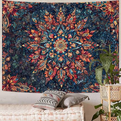 Accnicc Boho Floral Mandala Tapestry for Bedroom Hippie Bohemian Flower Wall Tapestry Aesthetic Small Stained Glass Red Blue Indian Tapestries Wall Hanging for Living Room Dorm Decor 48 x 36 Inch - color: Orange Blue, size: 48"L x 36"W