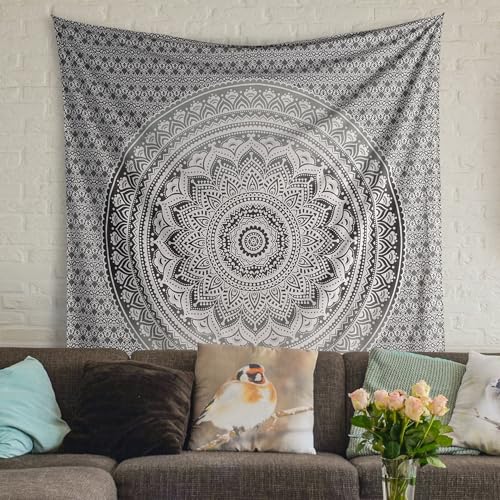 THE ART BOX Indian Cotton Grey Black Mandala Wall Hanging – Tapestry for Bedroom – Indie Wall Decor – Boho Small Tapestry Aesthetic 54x60 Inches - color: Grey and White, size: 60"L x 54"W