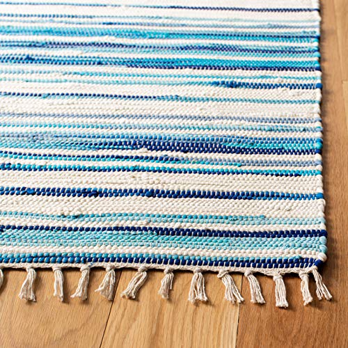 SAFAVIEH Rag Rug Collection Accent Rug - 2' x 3', Ivory & Blue, Handmade Boho Stripe Cotton, Ideal for High Traffic Areas in Entryway, Living Room, Bedroom (RAR126B)