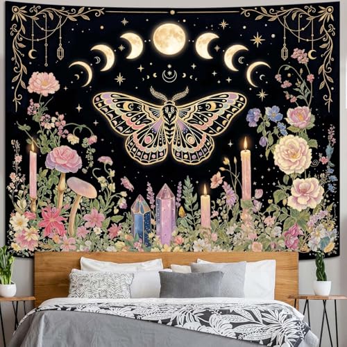 Haibimen Butterfly Tapestry Wall Hanging Moon Phases Floral Candle Crystal Black and Pink Tapestries for Bedroom Aesthetic Wallpaper Decor for Living Room, Dorm (Black 3, 48''×36'') - color: Black 3, size: 48''×36''