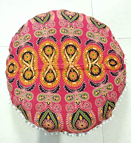 INDIAN CRAFT CASTLE 24" Red Peacock Mandala Barmeri Large Floor Pillow Cover Cushion Meditation Seating Ottoman Throw Cover Hippie Decorative Zipped Bohemian Pouf Ottoman Pom Pom Cases 24" Round - color: Red, style: 24 Inch Round