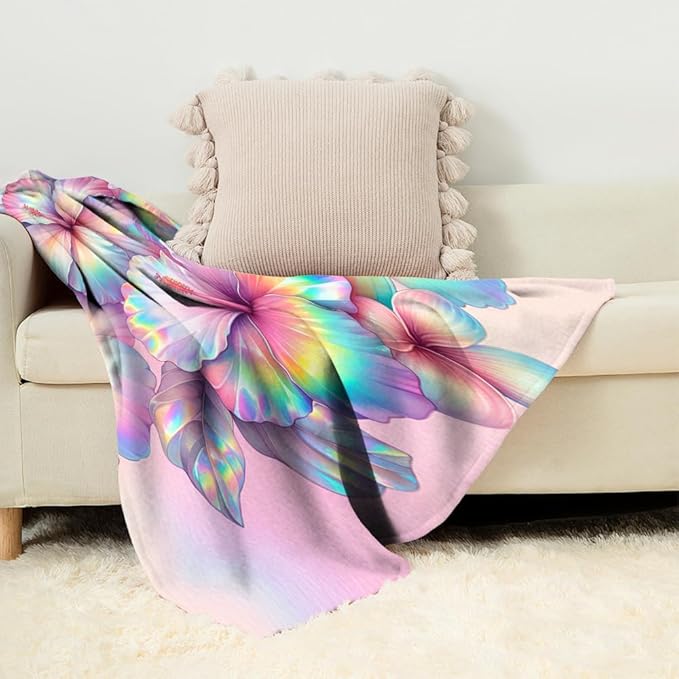 Rainbow Hibiscus Throw Blanket Soft Flannel Fleece Bed Blanket Tropical Flowers Hibiscus Throw Blanket All Season Warm Fuzzy Light Weight Cozy Plush Blankets for Living Room Bedroom 30"x40"