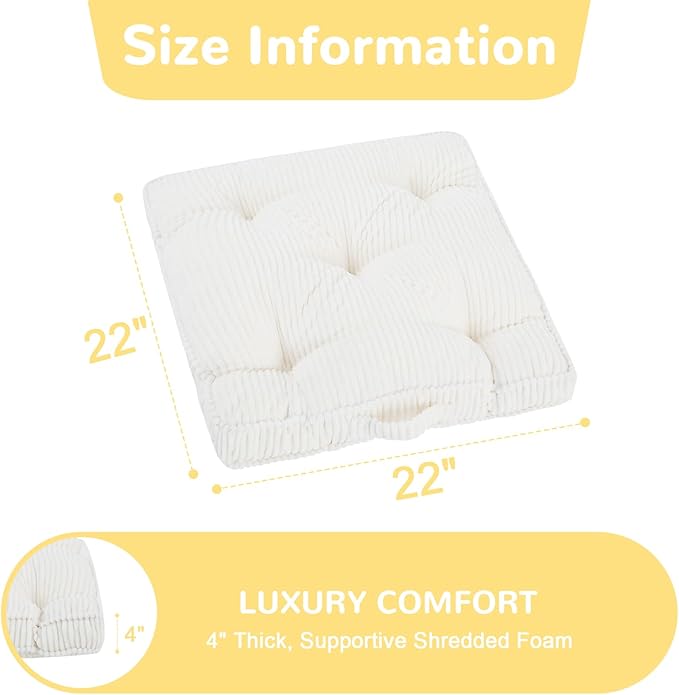 Floor Pillow Set of 2, 22x22 Tufted Floor Cushion for Adults, Square Large Meditation Cushion Pillow, Corduroy Sitting Pillow with Handle, Yoga Seating for Tatami, Beige